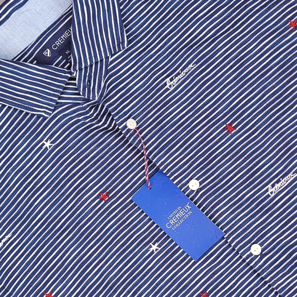 Cremieux Shirt Mens XL Blue White Stripe Short Sleeve Button Up Star Embroidered
